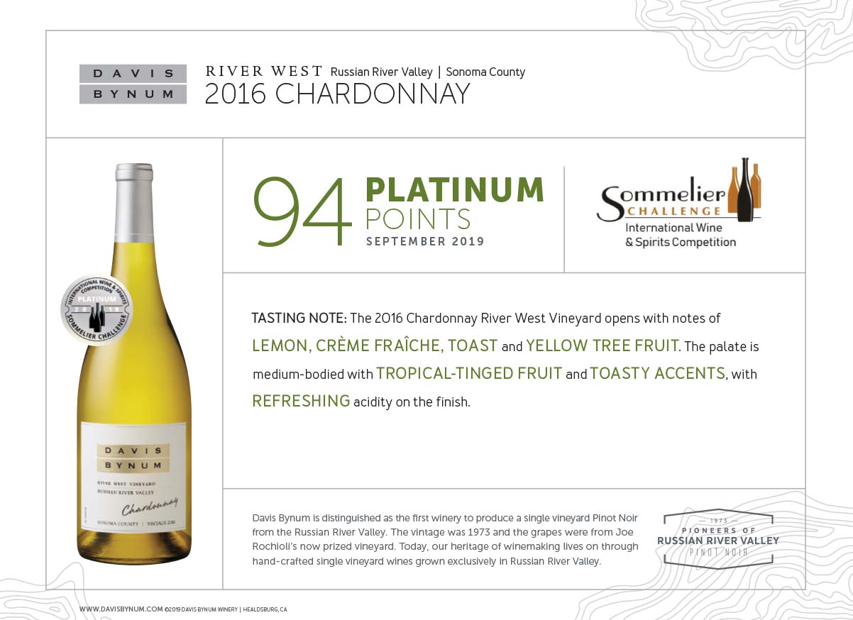 2016 River West Chardonnay 94 Points, Platinum Medal - Sommelier Challenge