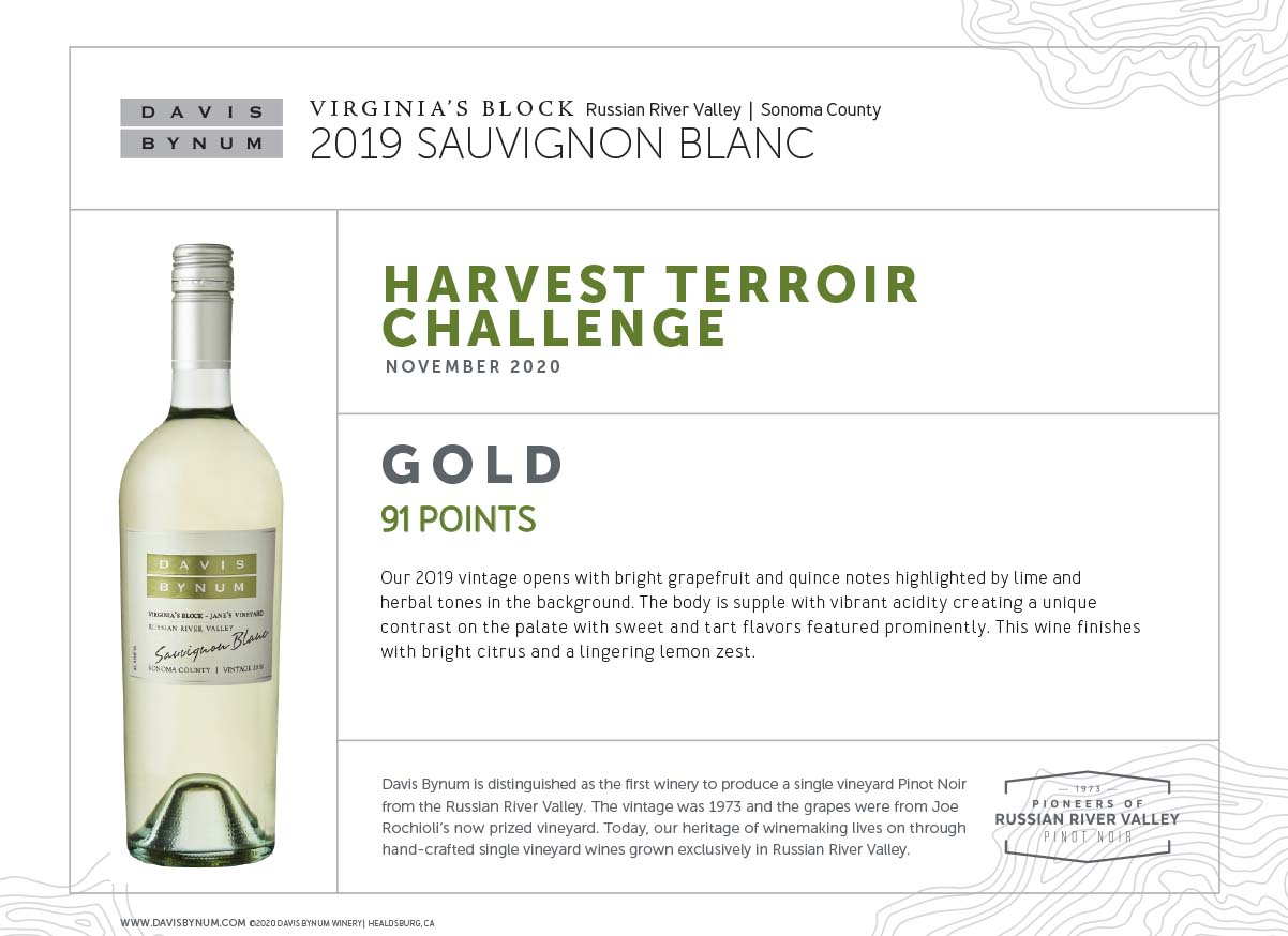 2019 Virginia's Block Sauvignon Blanc 91 Points, Gold Medal - Harvest Terroir Challenge Thumbnail