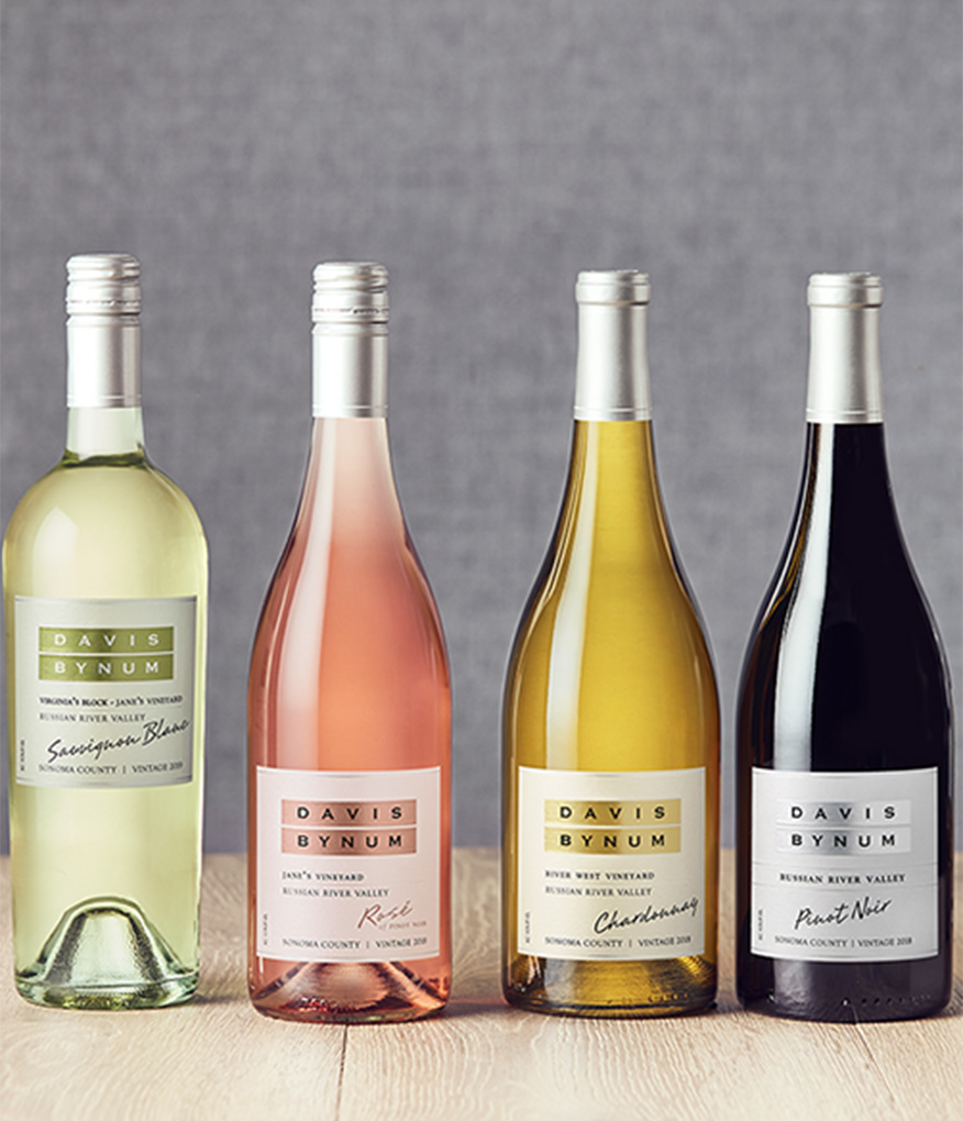 Assortment of Davis Bynum wines: sauvignon blanc, rose, chardonnay and pinot noir