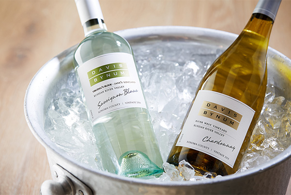 Two bottles of Davis Bynum wine in a metal ie bucket