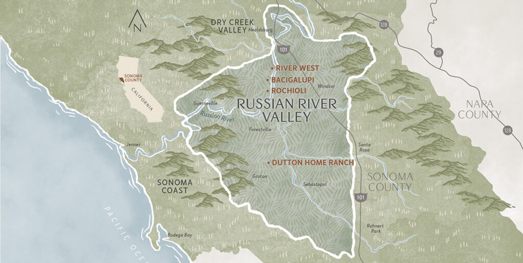 Map of Russian River Valley highlighting the Dutton and Bacigulpi vineyards